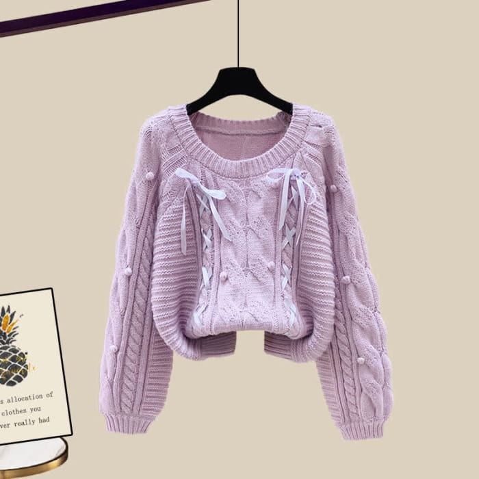 Pills Decor Cable Knit Sweater Skirt Set - Purple / M