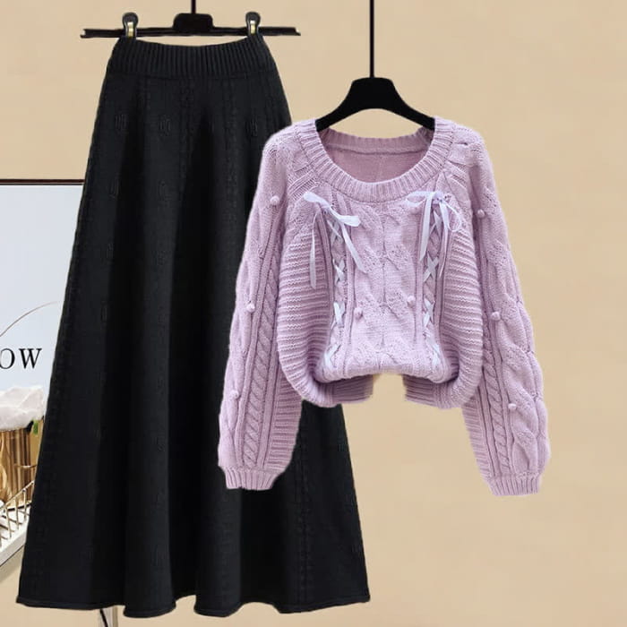 Pills Decor Cable Knit Sweater Skirt Set - Purple Sweater