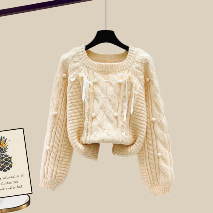 Pills Decor Cable Knit Sweater Skirt Set - Yellow / M