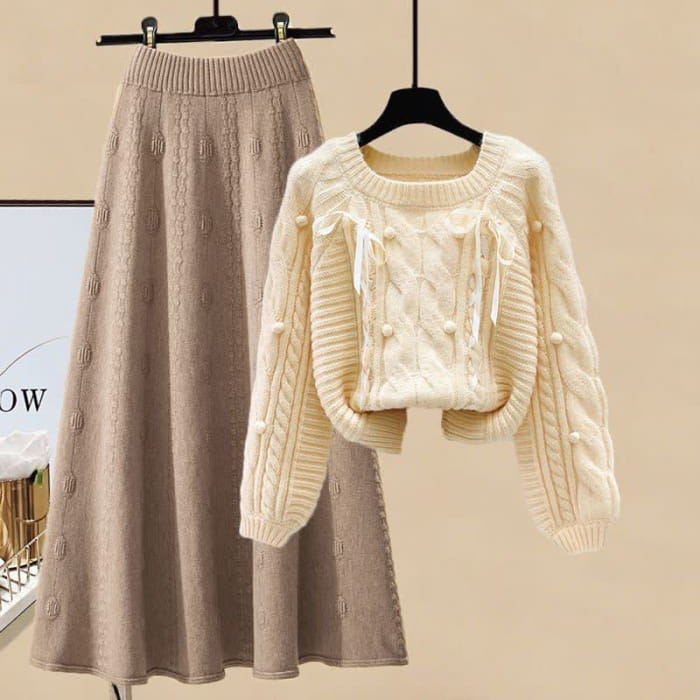 Pills Decor Cable Knit Sweater Skirt Set - Yellow Sweater