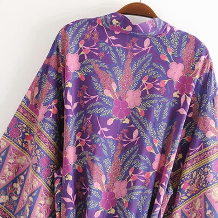 Pink Beach Flower Print Belt Robe Cardigan Outerwear