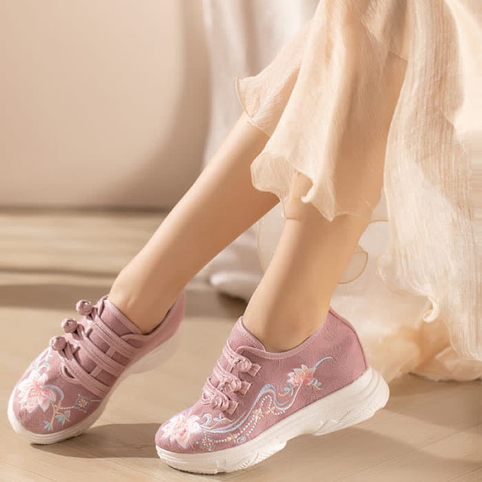 Pink Blossom Embroidery Buckle Platform High Heels Shoes