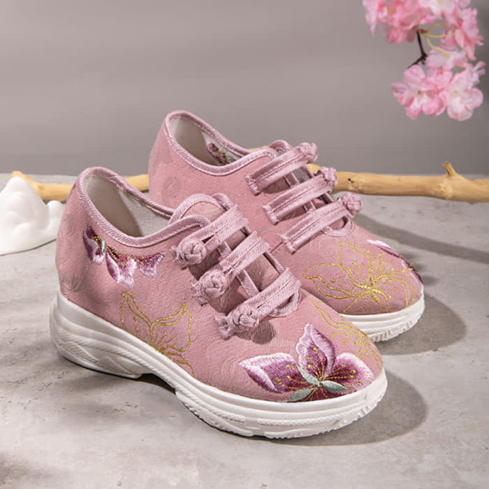 Pink Blossom Embroidery Buckle Platform High Heels Shoes