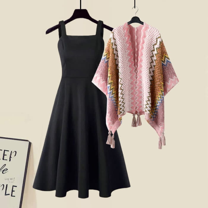 Pink Boho Tassel Shawl Wrap Slip Dress - Outerwear + Black
