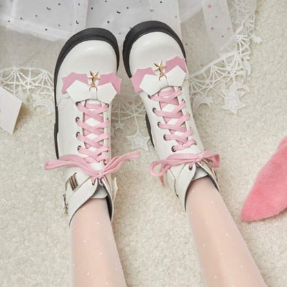 Pink Bow Knot Chain Lace-up Front Boots