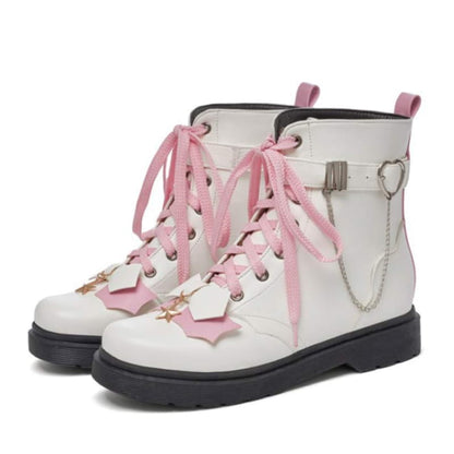 Pink Bow Knot Chain Lace-up Front Boots - White / 35