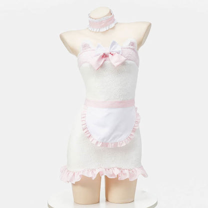 Pink Bow Knot Fuzzy Maid Apron Dress Lingerie - White