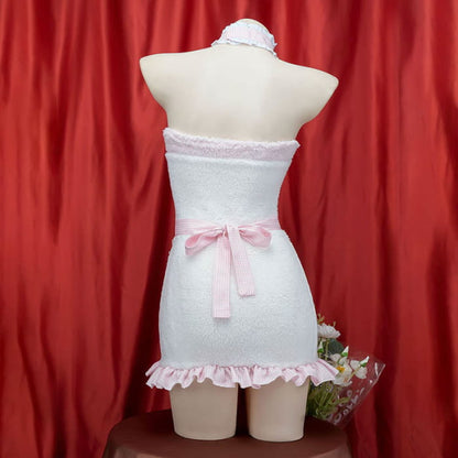 Pink Bow Knot Fuzzy Maid Apron Dress Lingerie - White