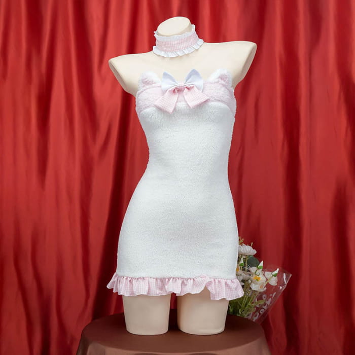 Pink Bow Knot Fuzzy Maid Apron Dress Lingerie - White