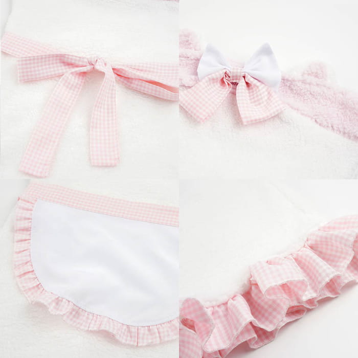 Pink Bow Knot Fuzzy Maid Apron Dress Lingerie - White