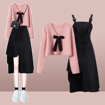 Pink Bow Knot Knit Cardigan Sweater Irregular Suspender