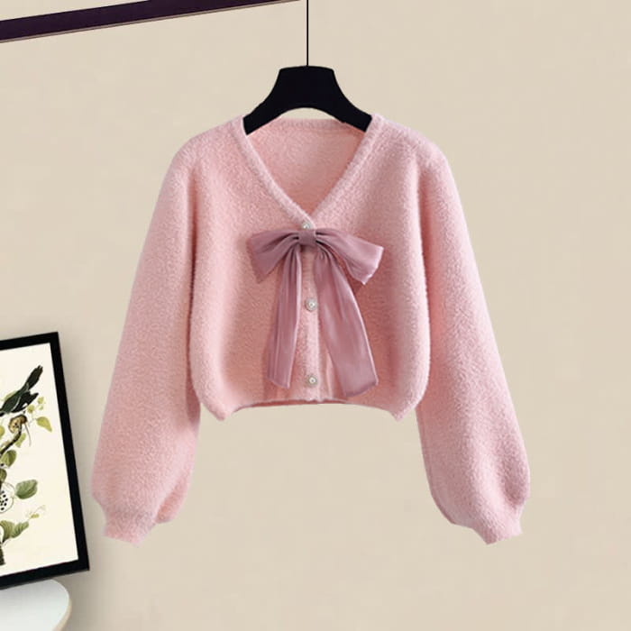 Pink Bow Knot V-neck Cardigan Sweater Slip Dress Set - M