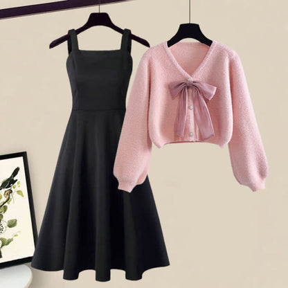 Pink Bow Knot V-neck Cardigan Sweater Slip Dress Set - M