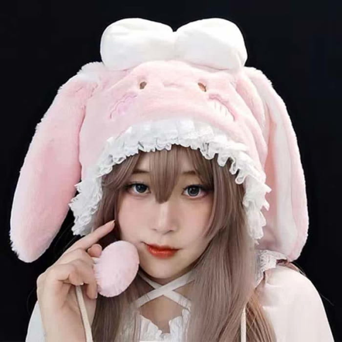 Pink Bowknot Decor Lolita Bunny Ears Plush Hat