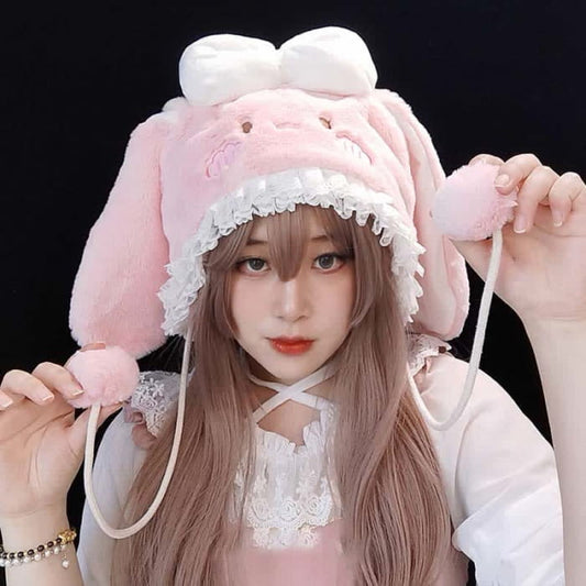 Pink Bowknot Decor Lolita Bunny Ears Plush Hat - One Size