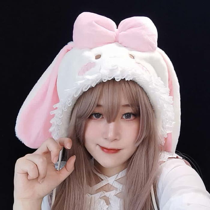 Pink Bowknot Decor Lolita Bunny Ears Plush Hat - White