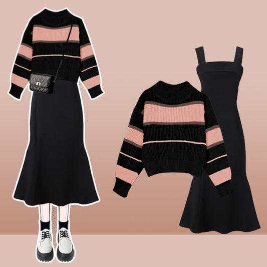 Pink Colorblock Stripe Lace Up Sweater Fishtail Slip Dress