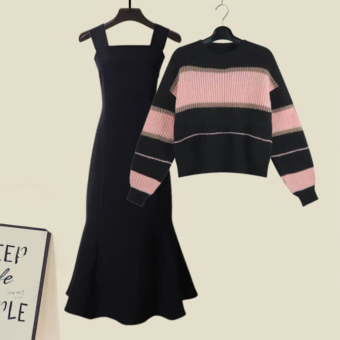 Pink Colorblock Stripe Lace Up Sweater Fishtail Slip Dress