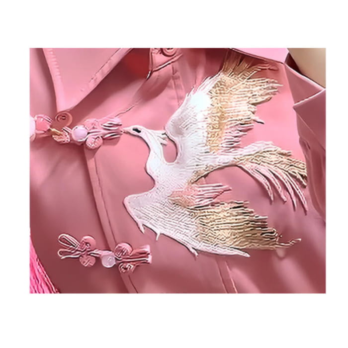 Pink Crane Embroidery Shirt Black High Waist Skirt Set