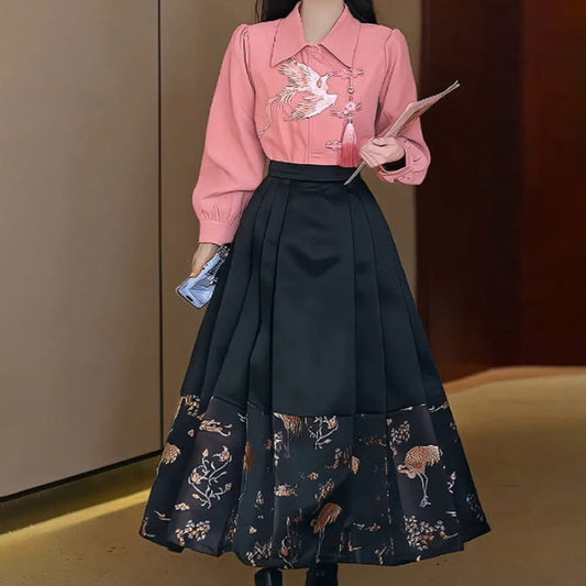 Pink Crane Embroidery Shirt Black High Waist Skirt Set - S