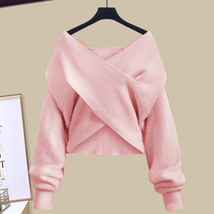 Pink Cross Knit Sweater Flouncing A-line Slip Dress Set - S