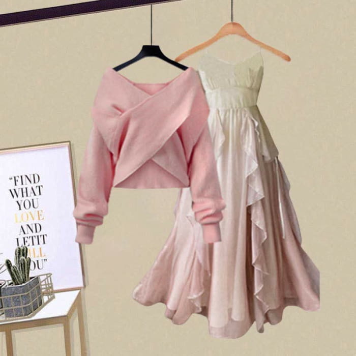 Pink Cross Knit Sweater Flouncing A-line Slip Dress Set