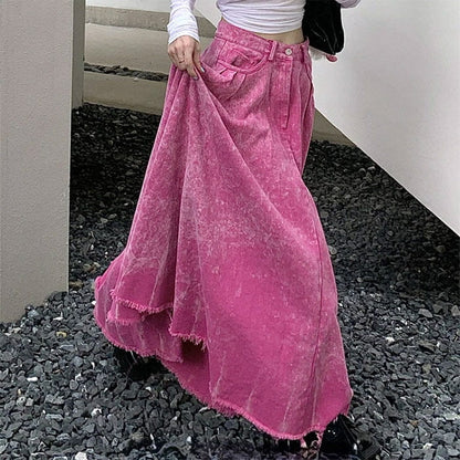 Pink Distressed Denim Maxi Skirt