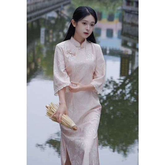 Pink Elegant Cheongsam - S / Wide Sleeve - Female Hanfu