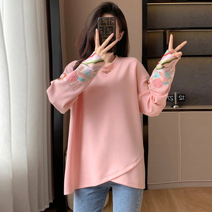 Pink Embroidery Round Collar Sweatshirt