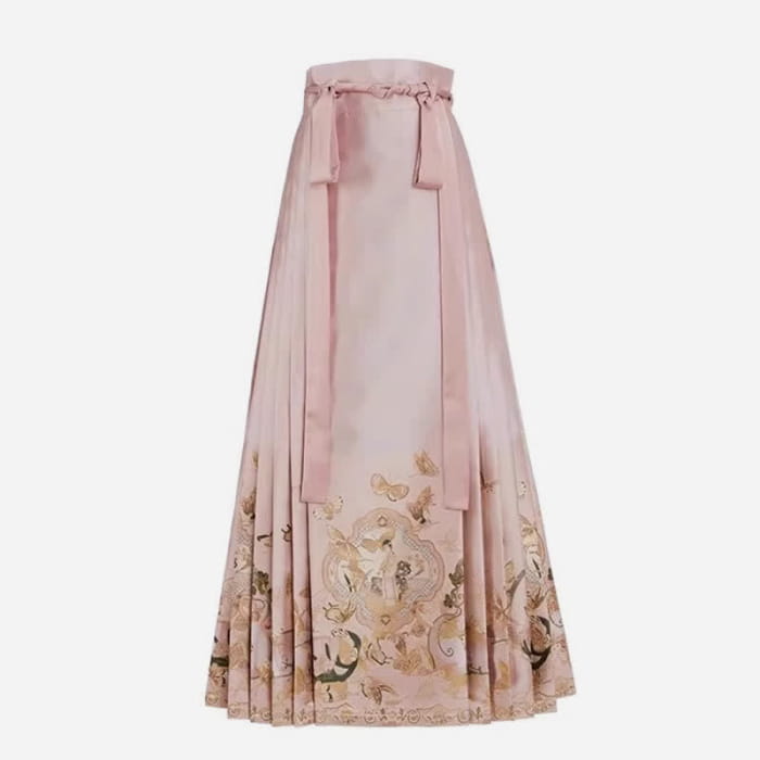Pink Floral Embroidery Coat High Waist Pleated Skirt - M
