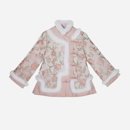 Pink Floral Embroidery Coat High Waist Pleated Skirt - M