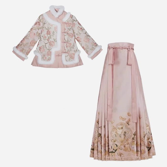 Pink Floral Embroidery Coat High Waist Pleated Skirt - Set
