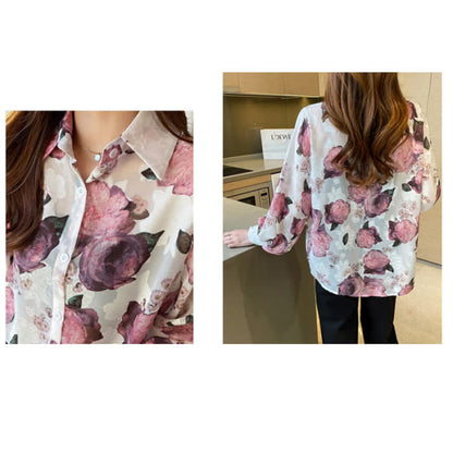 Pink Floral Embroidery Puff Sleeve Chiffon Shirt Workwear