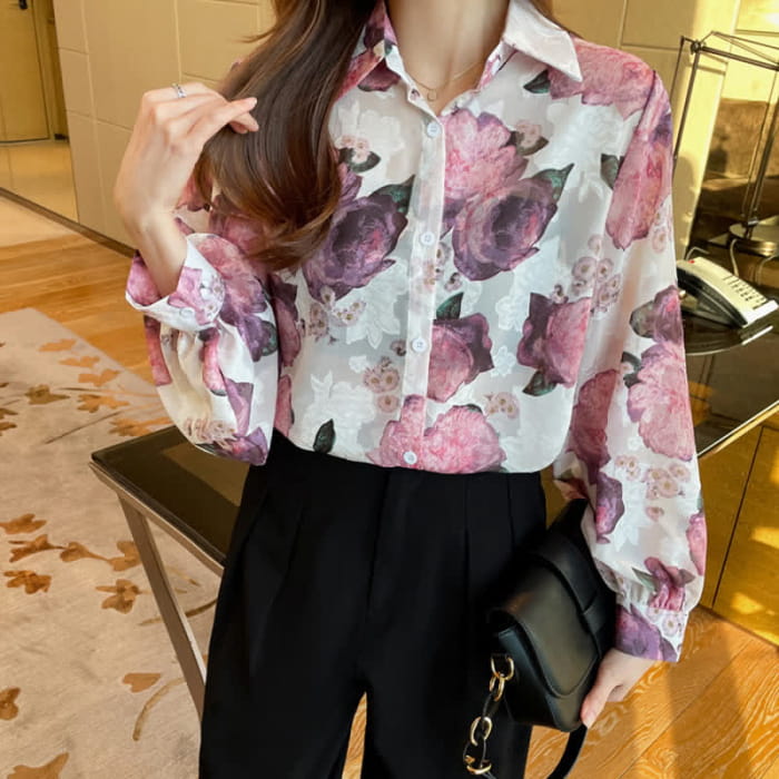 Pink Floral Embroidery Puff Sleeve Chiffon Shirt Workwear