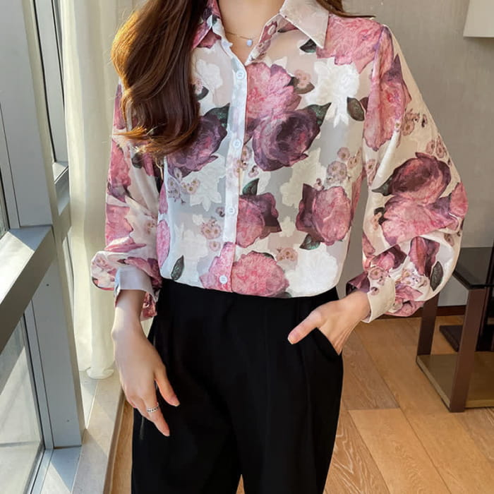 Pink Floral Embroidery Puff Sleeve Chiffon Shirt Workwear