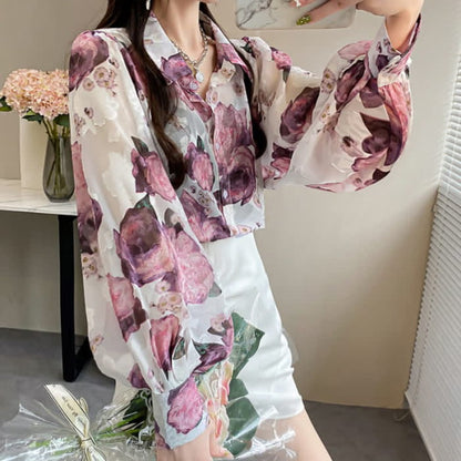 Pink Floral Embroidery Puff Sleeve Chiffon Shirt Workwear