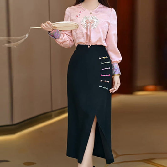 Pink Floral Embroidery Round Neck Shirt Slit Skirt Set