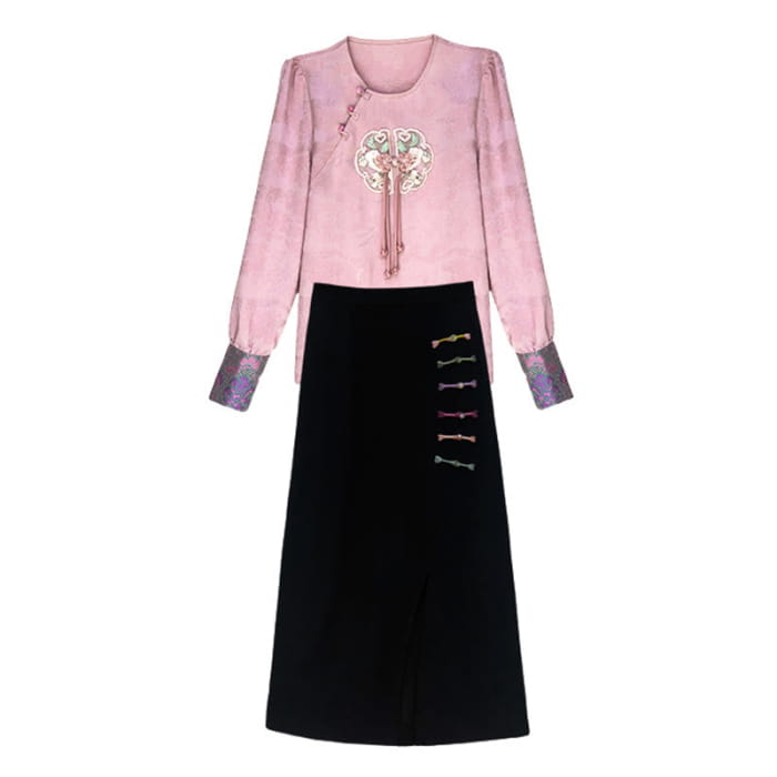 Pink Floral Embroidery Round Neck Shirt Slit Skirt Set - S