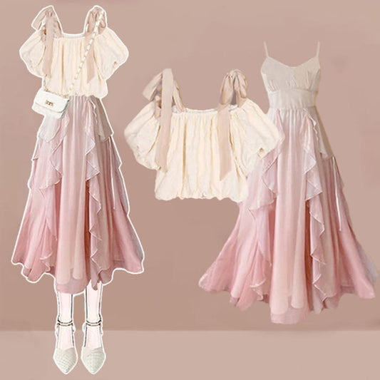 Pink Floral Off Shoulder Shirt Slip Dress - Set / M