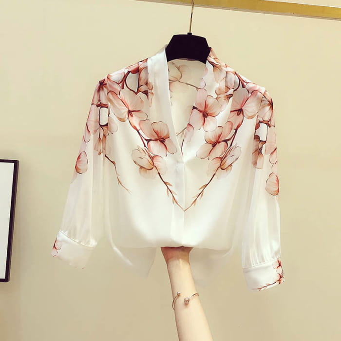 Pink Flowers Print Shirt - Three Quarter Sleeve / S