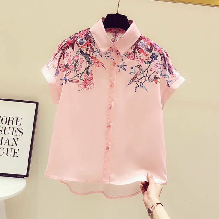 Pink Flowers Print Short Sleeve Shirt - M