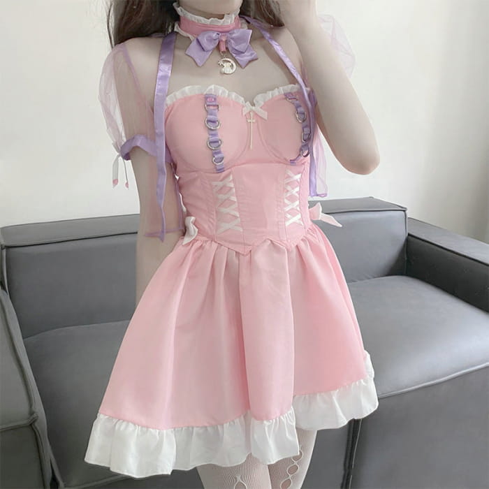 Pink Lace Up Lolita Maid Dress Set - One Size