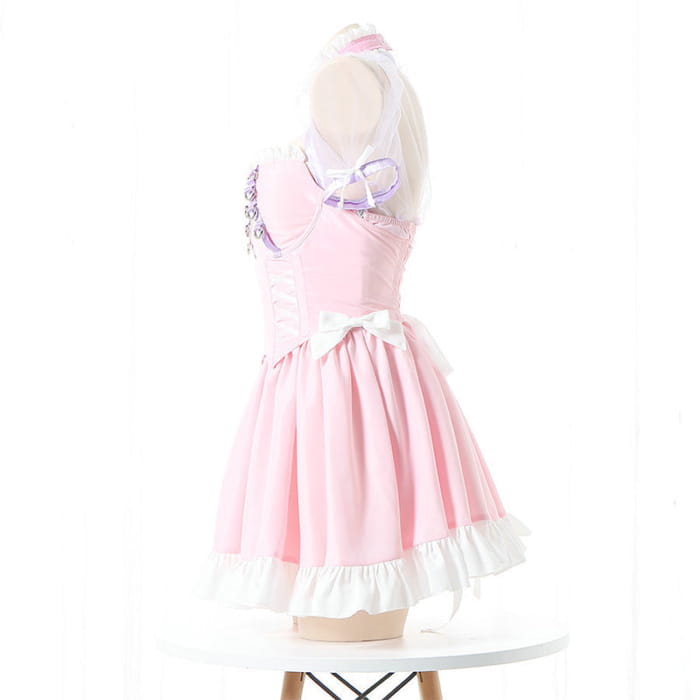 Pink Lace Up Lolita Maid Dress Set - One Size