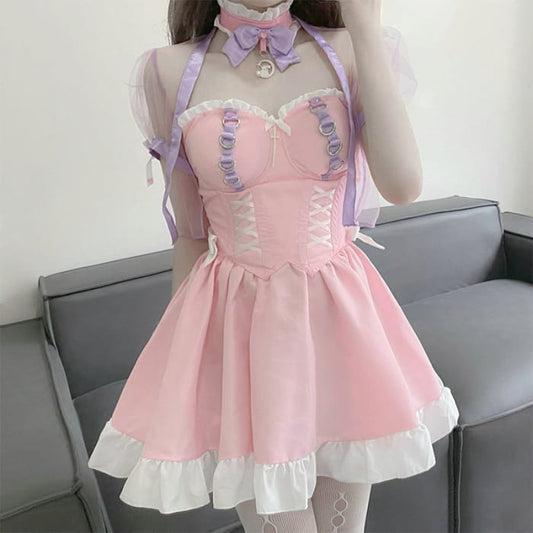 Pink Lace Up Lolita Maid Dress Set - One Size