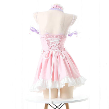 Pink Lace Up Lolita Maid Dress Set - One Size