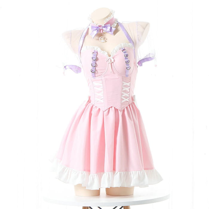 Pink Lace Up Lolita Maid Dress Set - One Size