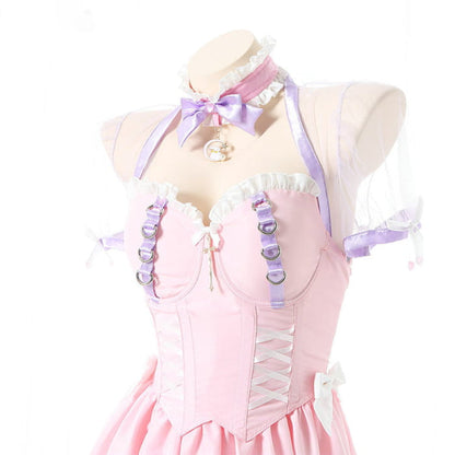 Pink Lace Up Lolita Maid Dress Set - One Size