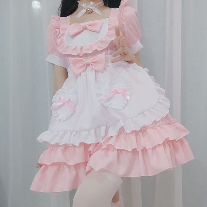 Pink Lolita Love Heart Bow Knot Ruffled Maid Dress