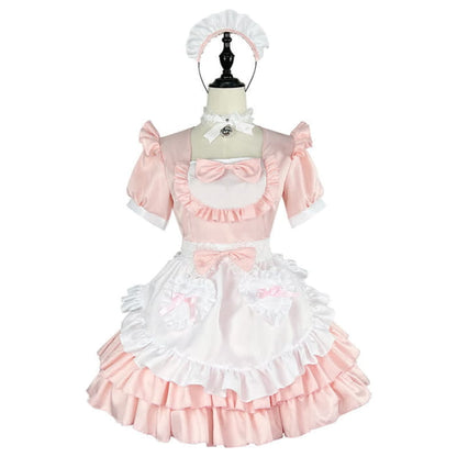 Pink Lolita Love Heart Bow Knot Ruffled Maid Dress - XS