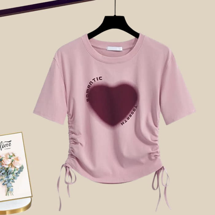 Pink Love Heart Print Crop Top T-Shirt Cargo Pants - D / M